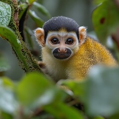 Obraz premium Squirrel monkey rainforest portrait, jungle foliage