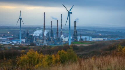 Industrial Landscape with Wind Turbines and Smoke Stacks Under a Cloudy Sky at Dusk