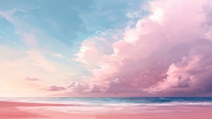 Obraz premium Serene Coastal Dreamscape: A tranquil scene of the sea, where pastel-colored clouds dance with the azure sky above a vibrant coastline. Evoking a sense of calm and serenity.