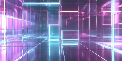 Fototapeta premium A visually striking 3D abstract background featuring holographic glass panels, illuminated by soft neon glows. The floating transparent surfaces and seamless reflections create a sophisticated modern