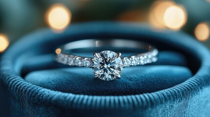 Stunning diamond engagement ring with intricate band resting on plush blue velvet, soft bokeh lights
