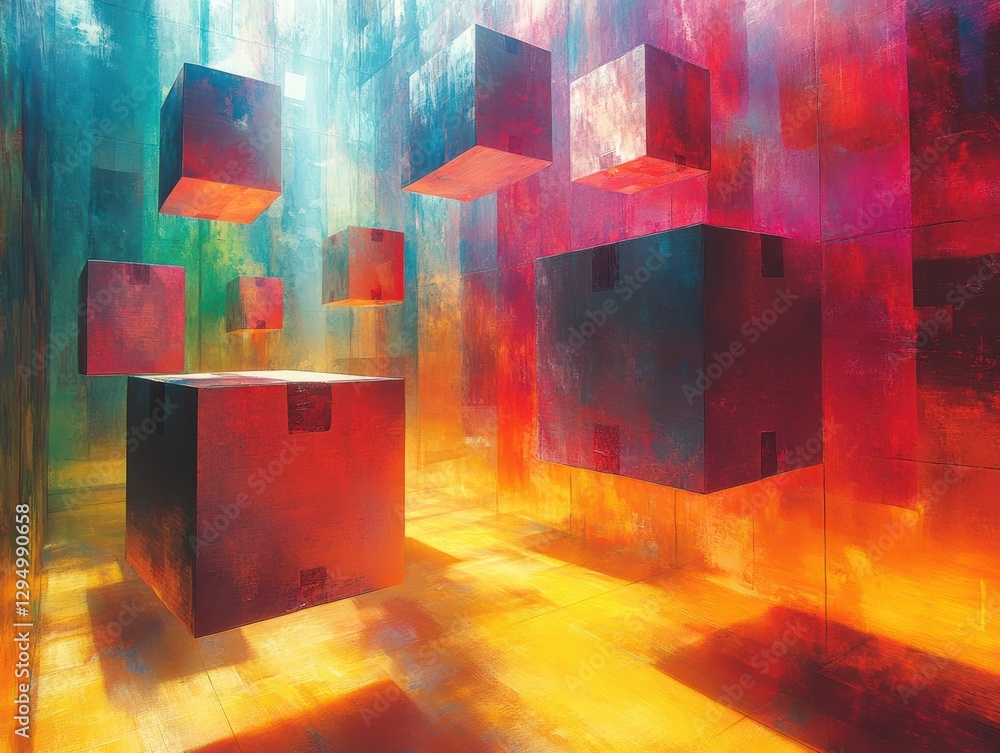 Poster surreal floating cardboard boxes in abstract colorful lighting