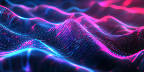 Obraz premium A surreal abstract background with swirling holographic waves forming intricate light distortions across a futuristic digital grid. The neon reflections and smooth transparency effects create an