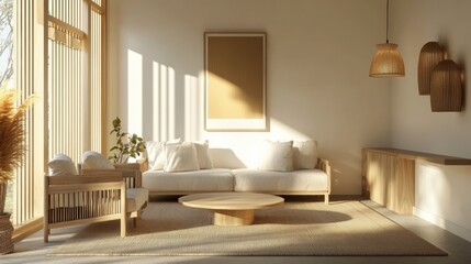 Fototapeta premium Serene Minimalist Living Room: A bright and airy living space bathed in natural sunlight, featuring a modern design, wooden furniture, and neutral tones, creating a sense of calm and relaxation.