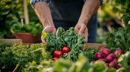 Fototapeta premium Gardener holding fresh greens and tomatoes