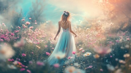 Beautiful woman in elegant long skirt dancing walking in wild flower field in Spring.