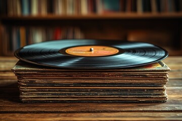 Fototapeta premium Vinyl Record Close Up on Stack of Records in Warm Light