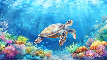 Vibrant Underwater Scene with Swimming Sea Turtle in Coral Reef Ecosystem