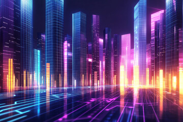 A mesmerizing 3D music background with an abstract city skyline made of glowing equalizer bars. The neon-lit skyscrapers pulsate to an invisible rhythm, while futuristic musical notes drift through