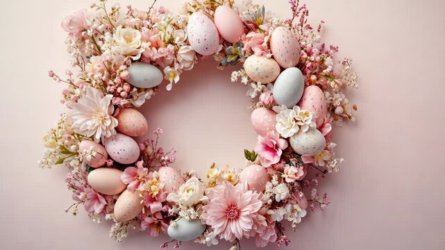 Pastel easter wreath with delicate blossom and eggs animating in gentle rotational display