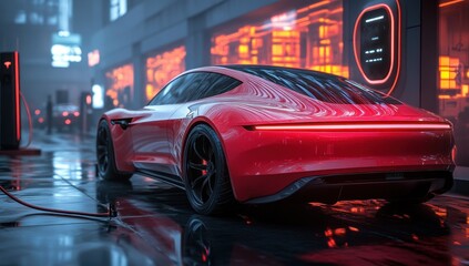 Electric Car Charging Station Modern Architecture Ambient Lighting Eco Friendly Vehicle