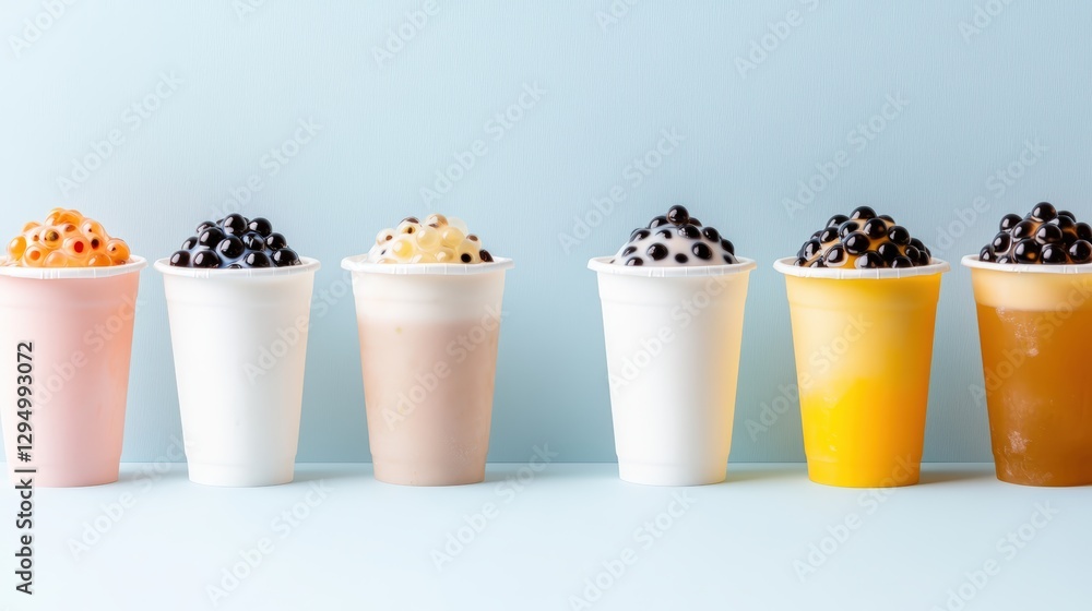 Poster row of various cups filled with different types of ice on a wooden table