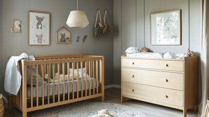 Cozy Nursery Interior: A serene nursery, with a wooden crib and changing table creating a warm and inviting space for a new arrival. Illustrated wall art adds a touch of whimsy and charm