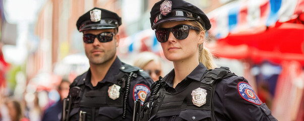 Engaged police officers in uniform, showcasing community interaction and safety