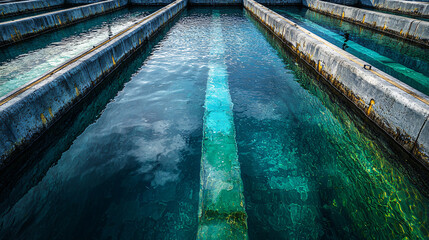 Obraz premium close-up of wastewater treatment plant filtration tanks with clear water flow