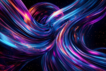 A mesmerizing 3D abstract background showcasing a swirling mass of radiant, holographic ribbons, gently floating in a vast cybernetic void. The neon glow enhances the futuristic dreamlike quality.
