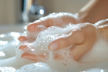 Obraz premium Hand Hygiene Washing Soap Cleanliness Under Water Faucet in Sink Protect Against Virus and Bacteria