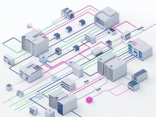 Fototapeta premium Minimalist ERP diagram on white colored lines show data flow between databases for manufacturing sales and finance modules blur.