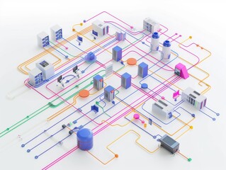 Minimalist 3D ERP module diagram on white colored lines connect manufacturing sales and finance databases blurring data flow.