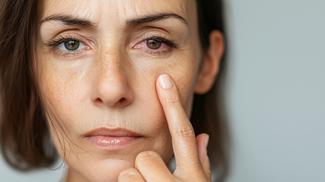 Close-up portrait of a woman gently touching her face, showing concern and possibly a health issue.  The image highlights skin texture, age, and a potential medical symptom.
