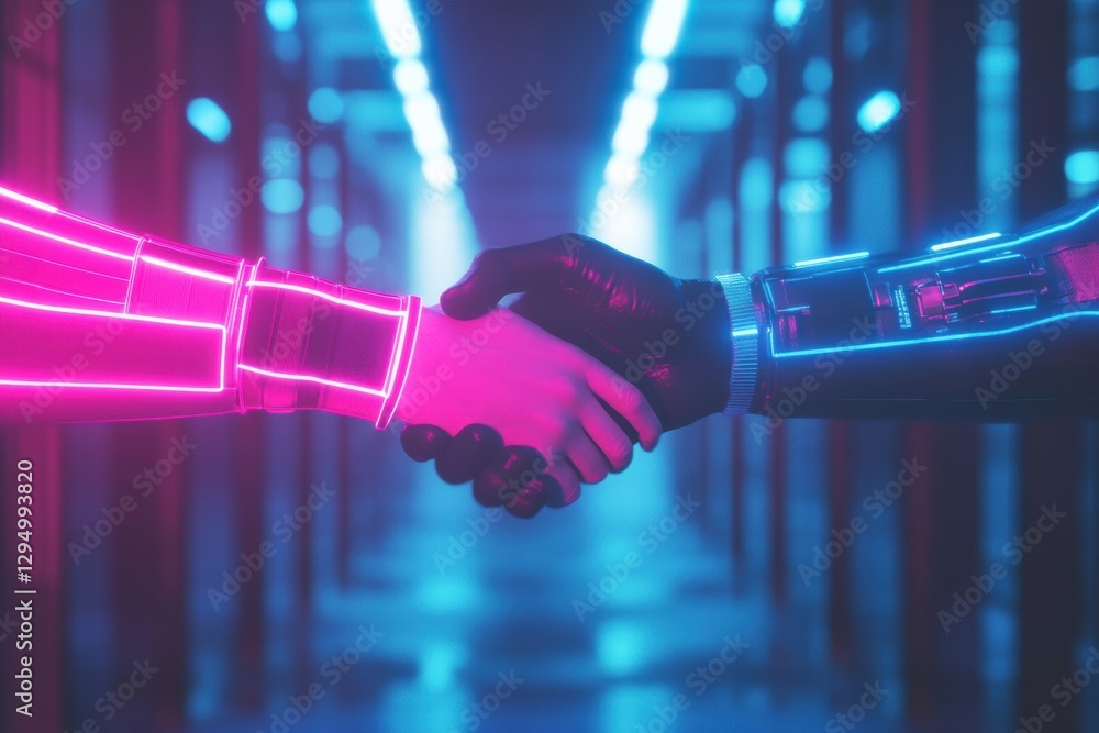 Poster virtual avatars engaging in handshake within a neon lit metaverse environment during social interact