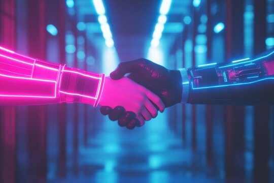 Virtual avatars engaging in handshake within a neon lit metaverse environment during social interaction. Generative AI - Powered by Adobe