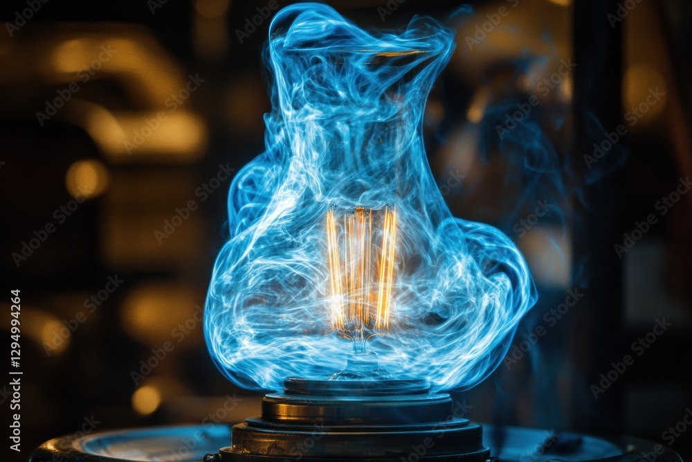 Poster glowing gas lamp illuminates room with soft light and swirling gas in a captivating nighttime ambian