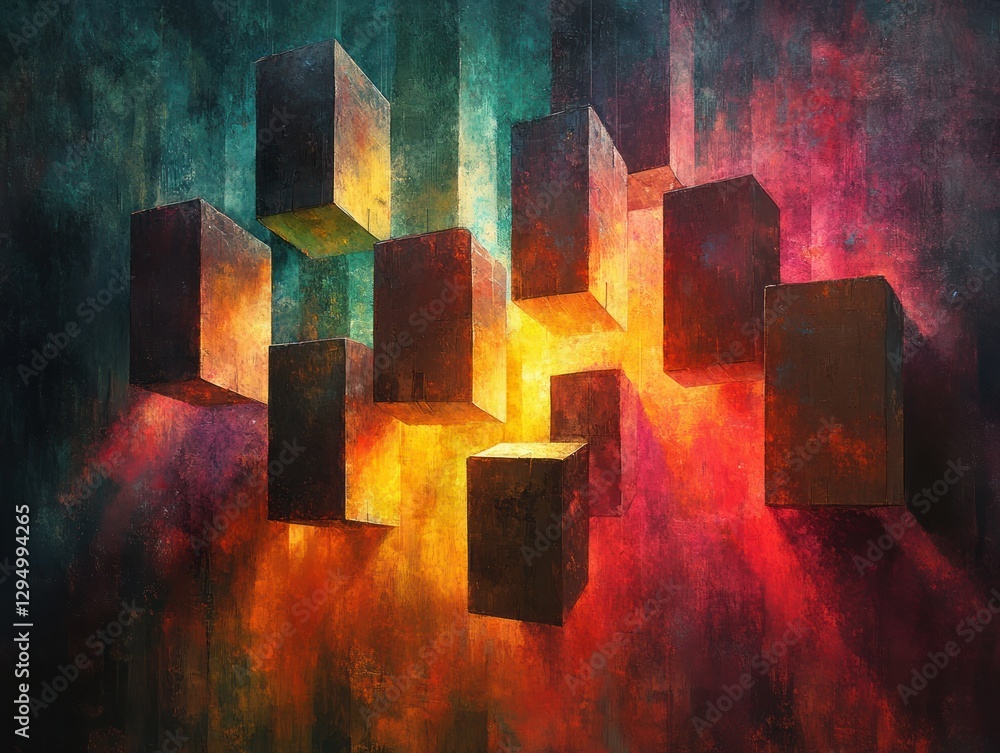 Poster floating colorful cardboard boxes in abstract style with dynamic composition and dramatic lighting