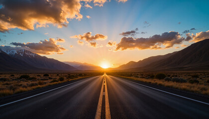 Fototapeta premium Sunset over a long open road in a mountainous landscape