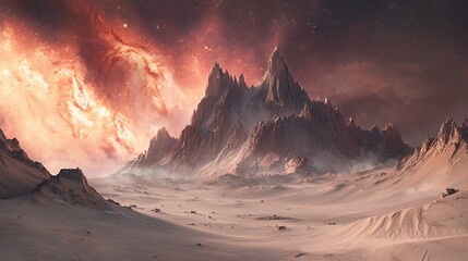 Alien Desert Landscape Under a Red Nebula Sky