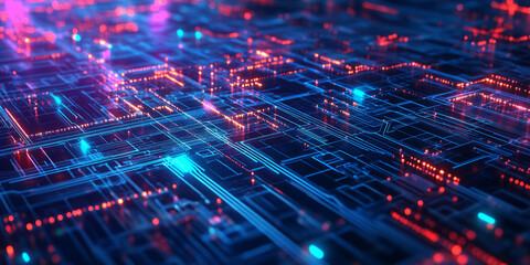 A sleek 3D abstract background with glowing energy circuits forming an intricate neon web. The high-tech reflections and futuristic lighting enhance the cyberpunk-inspired design.