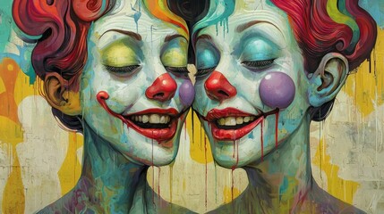Obraz premium Two smiling clowns with colorful makeup, close together.