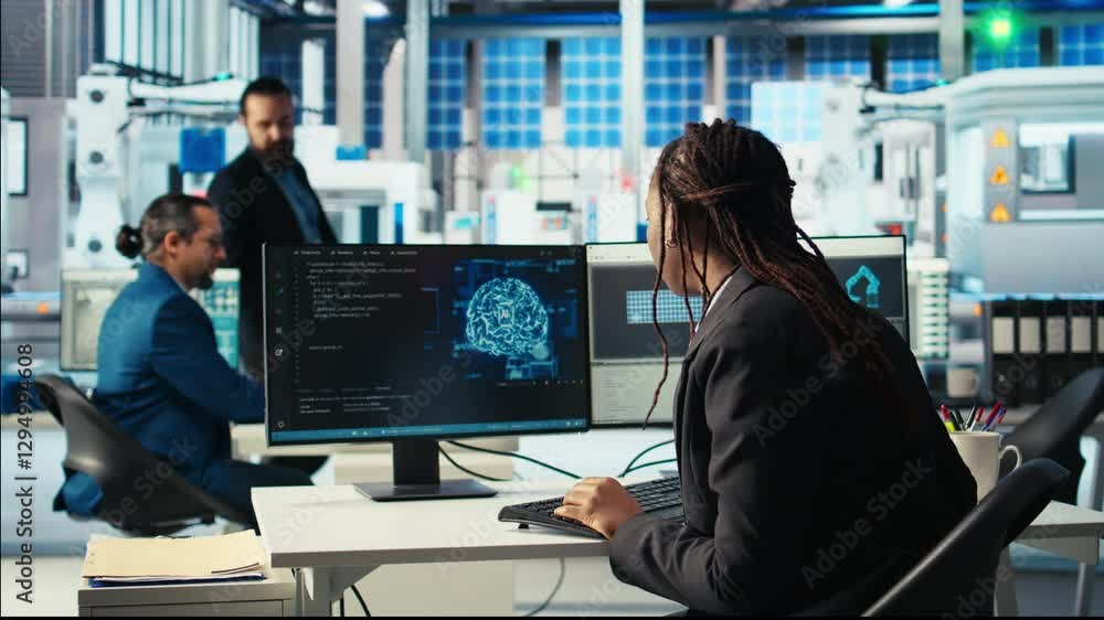 Poster software developer in photovoltaics factory using artificial intelligence to oversee robot arms plac