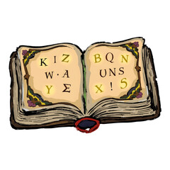 Illustration of a Wizard's Spell Book with Glowing Runes Isolated on White Background.