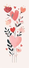 art bouquet with heart flowers, soft pink tones blooms, dark leaves, minimalist Valentine's illustration style.