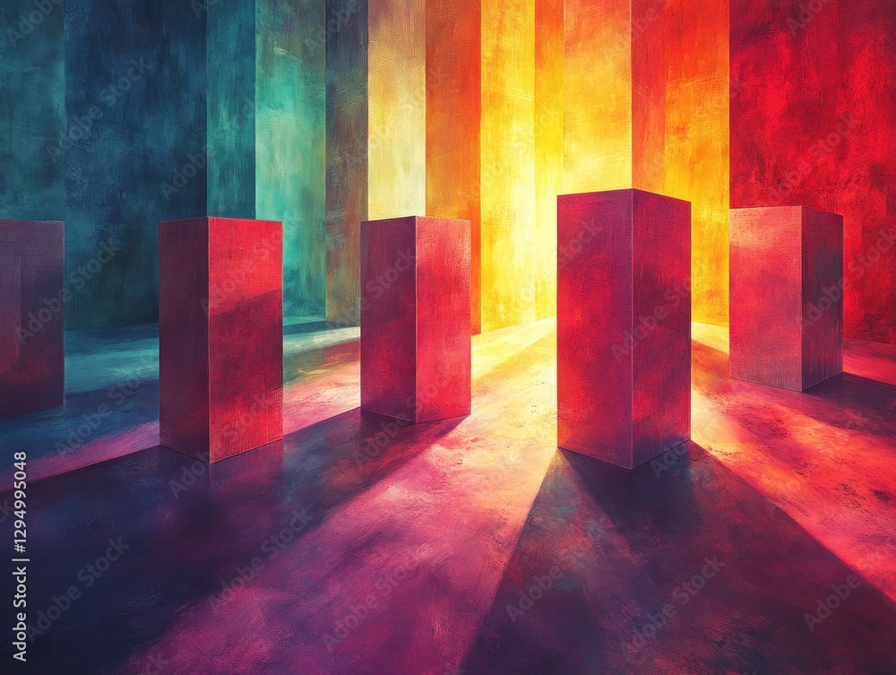 Aufkleber surreal floating cardboard boxes in abstract colorful style with dramatic lighting