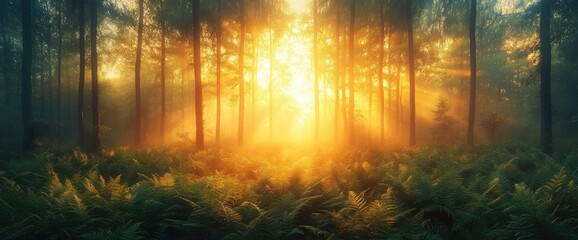 Obraz premium Serene Forest Scene with Golden Sunrise Light and Dense Green Ferns