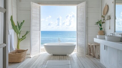 Serene Seaside Sanctuary: A bright and airy bathroom opens up to stunning ocean views. A free-standing bathtub, ample natural light, and minimalist decor create a spa-like atmosphere.