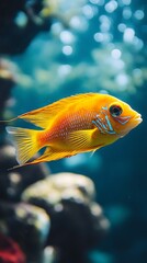 Naklejka premium Yellow fish swims aquarium, blue background