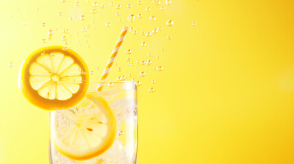 Glass of lemon spritzer with a straw, Crisp and clear, closeup, vibrant lemon slices floating in bubbly water, condensation on the glass, neutral background with copy space 