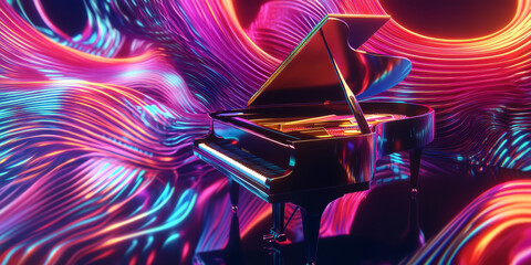 Obraz premium A surreal 3D background featuring a glowing, holographic grand piano levitating in an abstract space of swirling neon waves. The futuristic, pulsing energy flows through the scene, representing a
