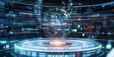 Fototapeta premium A sci-fi 3D background featuring a levitating transparent podium with a pulsating energy core at its center. The high-tech environment, filled with floating data streams and futuristic interface