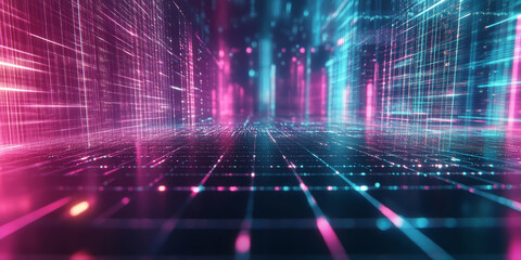 A mesmerizing 3D abstract background showcasing a vast glowing grid of interconnected digital lines. The pulsating neon lights and deep reflections add a high-tech futuristic effect, evoking cyberpunk