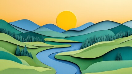 Obraz premium Paper Cut Landscape with Rolling Hills, River and Sun Serene Scenery