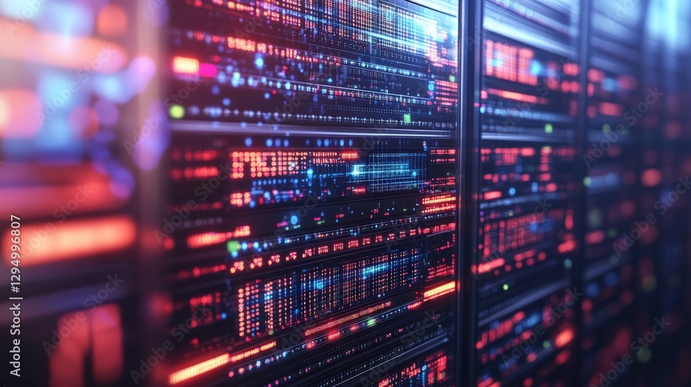 Poster server rack with multiple servers in a modern data center room with network cables and cooling syste