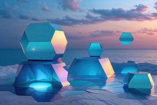 Hexagonal Twilight Azure Ambiance for Three-Dimensional Display and Aesthetic Background