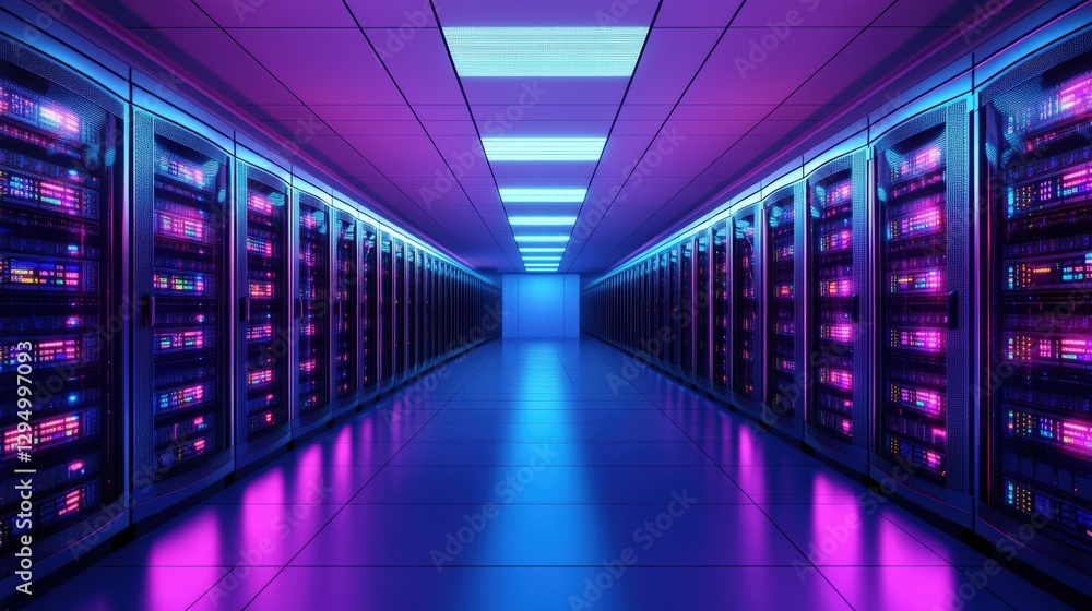 Aufkleber long corridor featuring rows of servers in a modern data center with overhead lighting