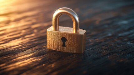 Fototapeta premium Golden padlock resting on a wooden table with soft lighting and a blurred background