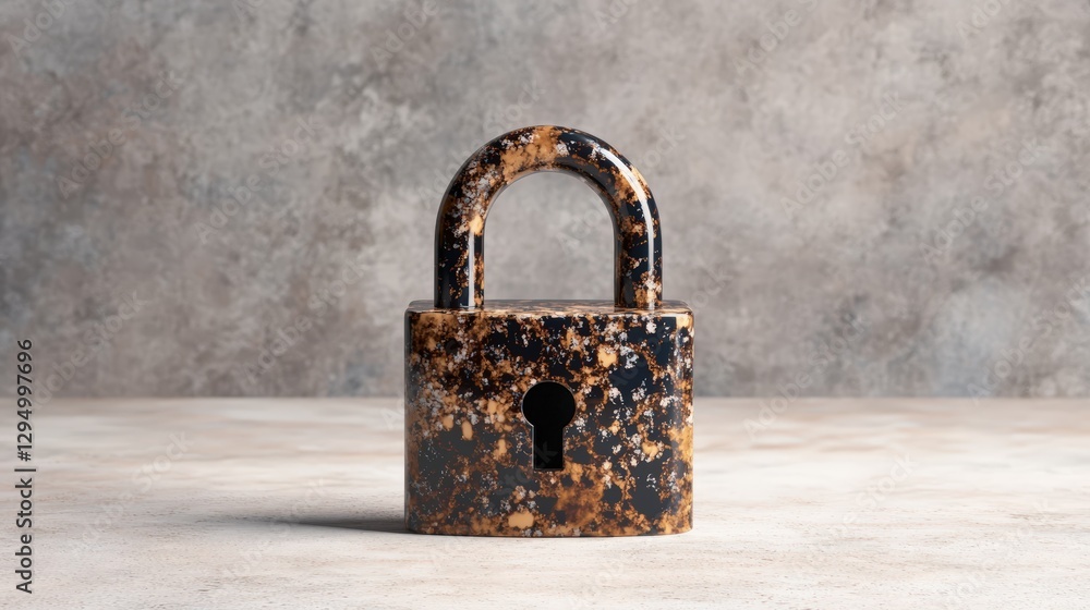 Aufkleber rusty padlock resting on a weathered concrete surface with a blurred background