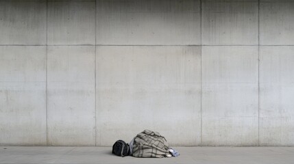 Homeless person, concrete wall, urban scene